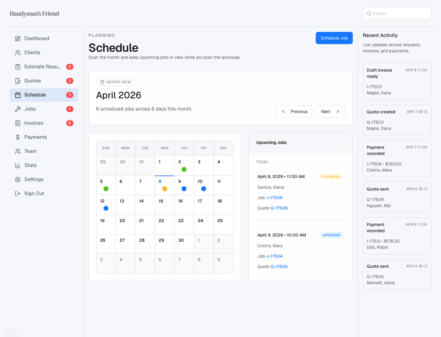 Scheduling calendar in Handyman’s Friend.