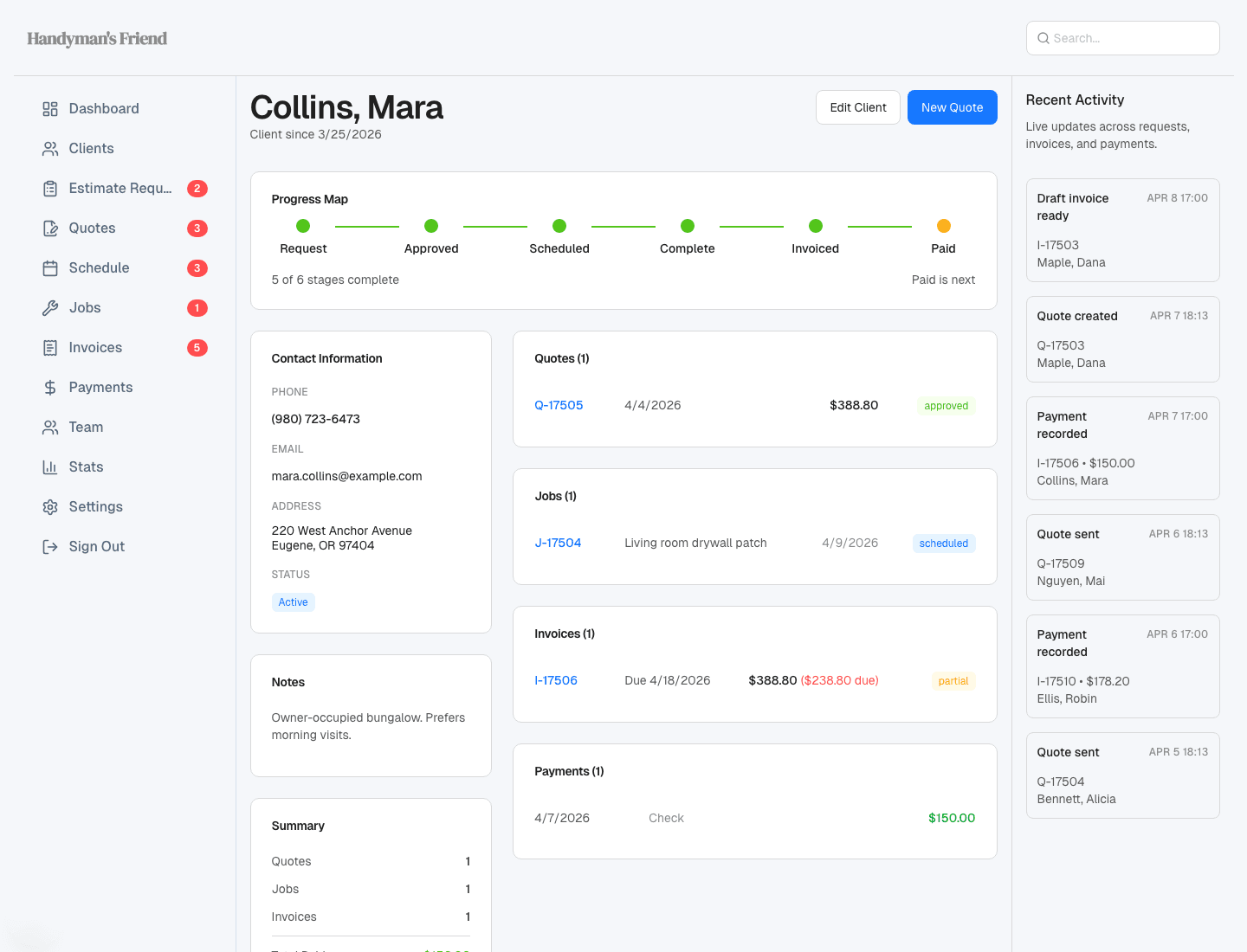 Client progress workflow view in Handyman’s Friend.