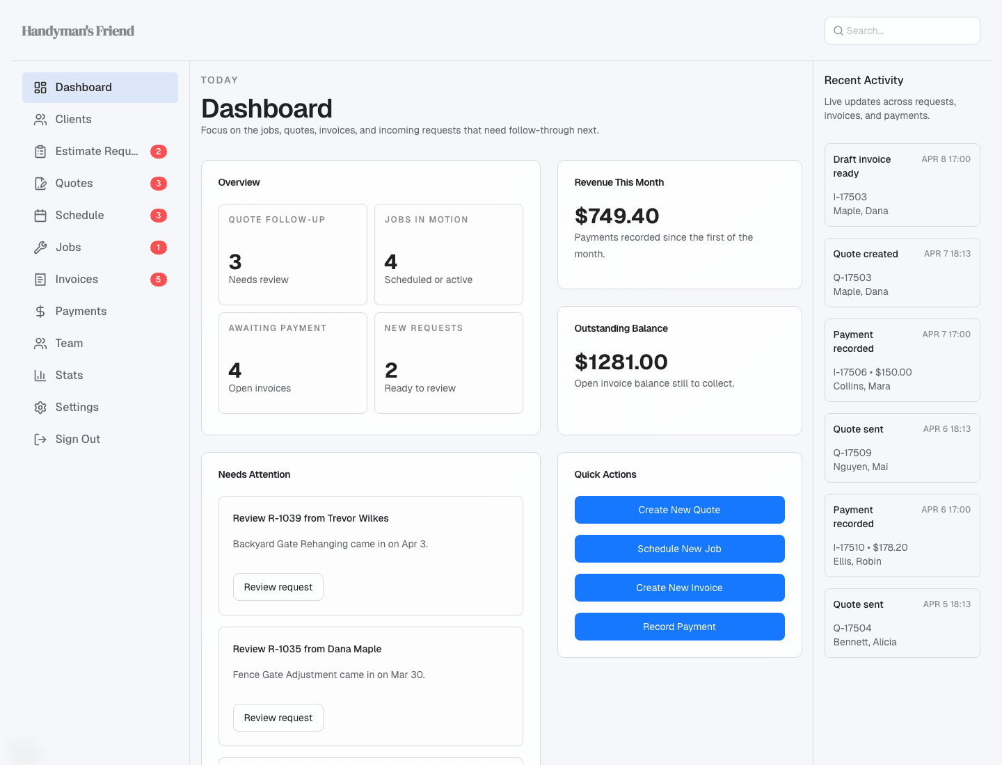 Handyman’s Friend dashboard screenshot.