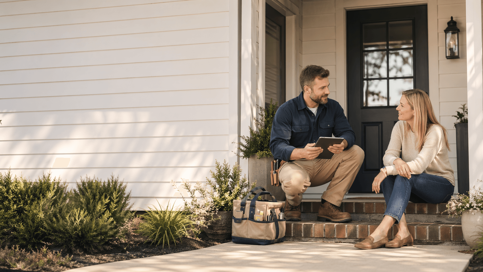 A handyman reviewing work details with a homeowner on a front porch.