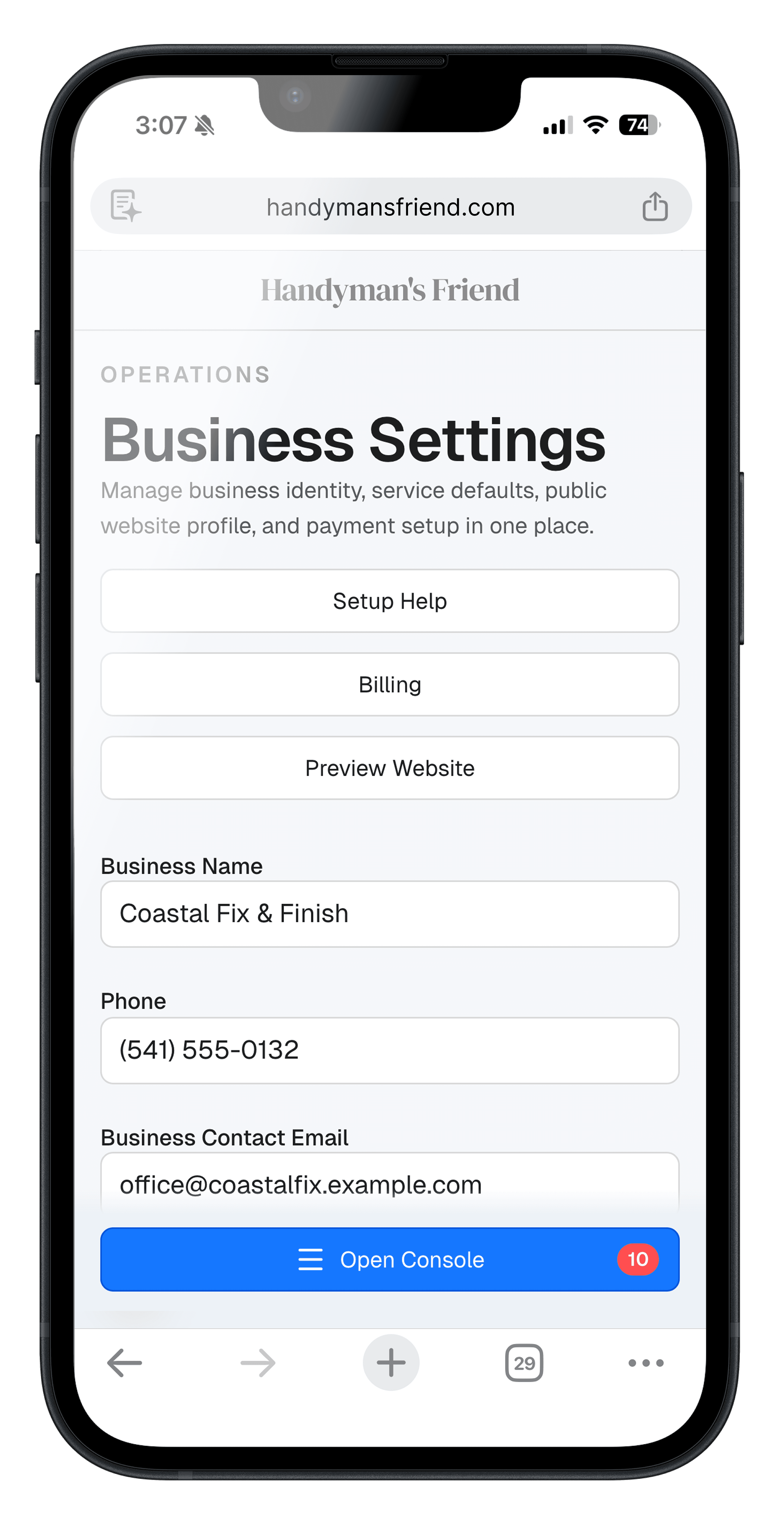 Mobile settings screen in Handyman’s Friend.