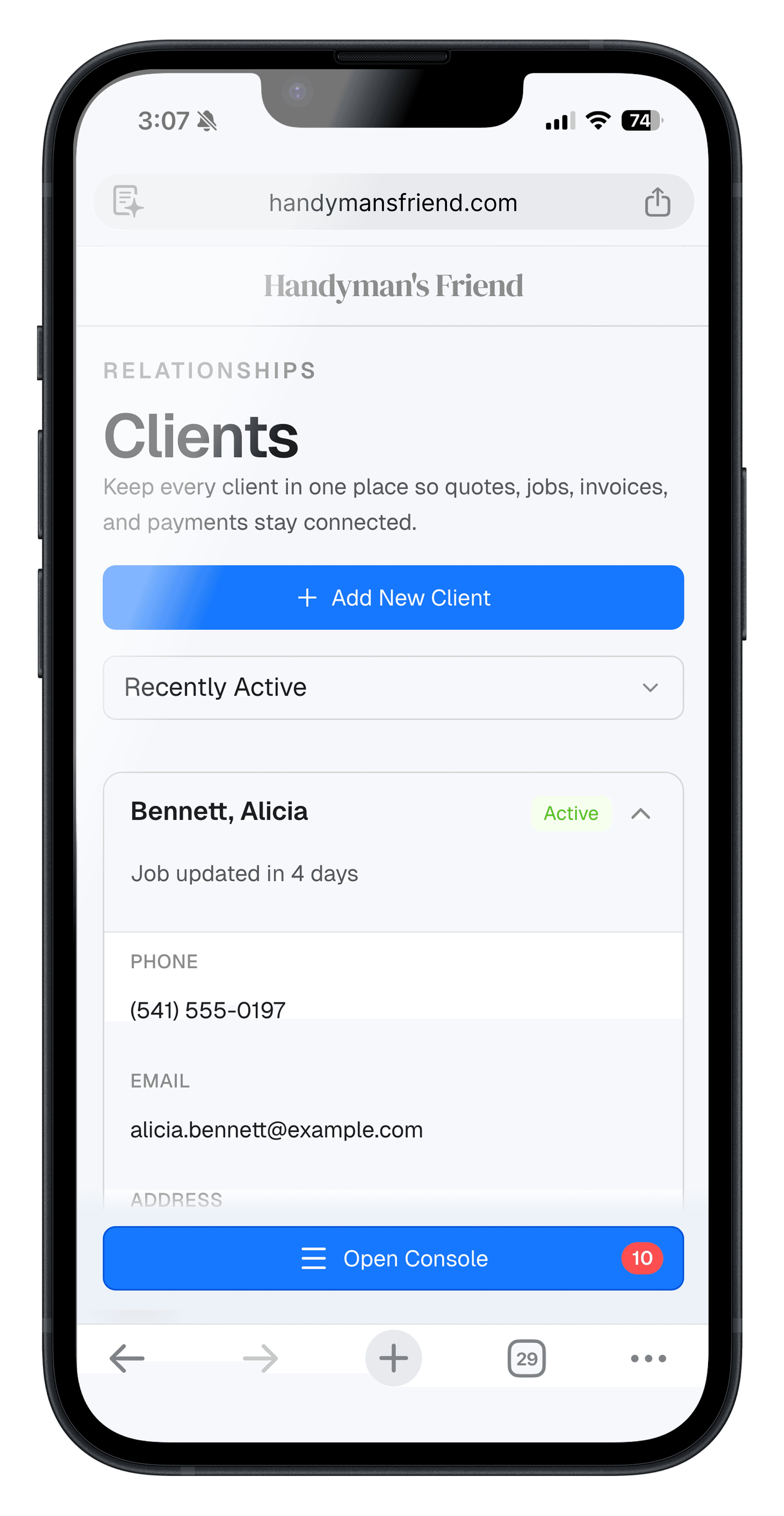 Mobile clients screen in Handyman’s Friend.