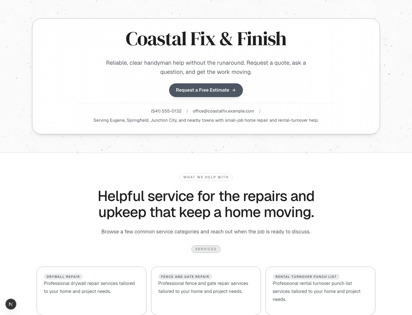 Public-facing business website in Handyman’s Friend.
